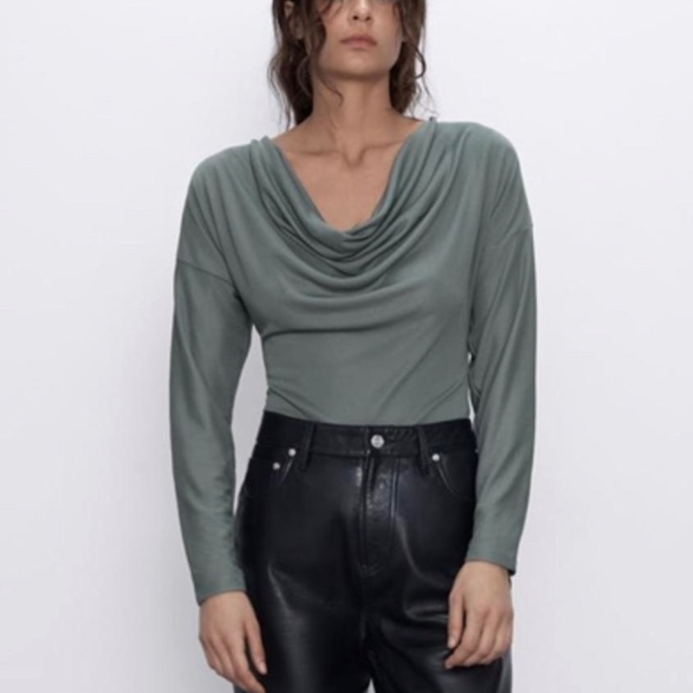 ZARA COWL NECK LONG SLEEVE BODYSUIT KHAKI size small